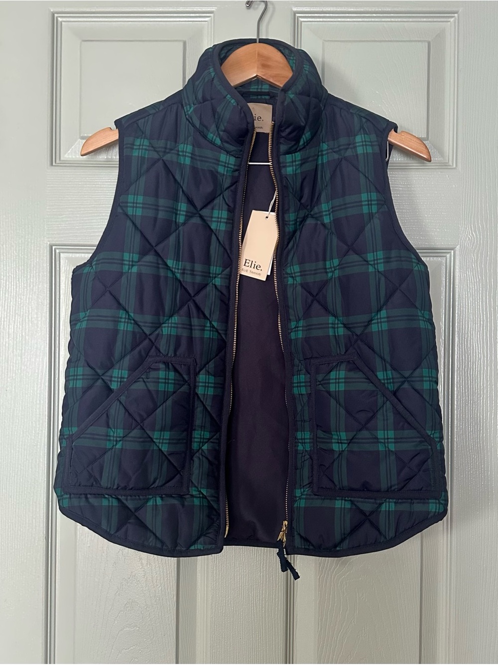 Elie Tahari Navy and Green Plaid Quilted Vest